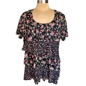 North Style Dark Floral Mesh Top Womens 1X Tiered Ruffled Bohemian Romantic